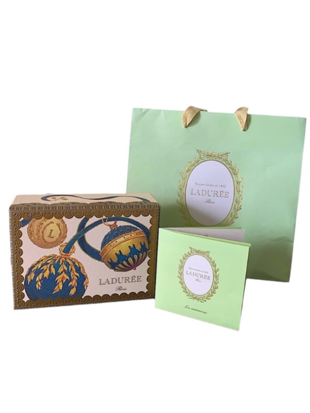 Ladurée Paris Box Set w Shopping Bag Macaron Menu Card Blue Gold Rare Gift